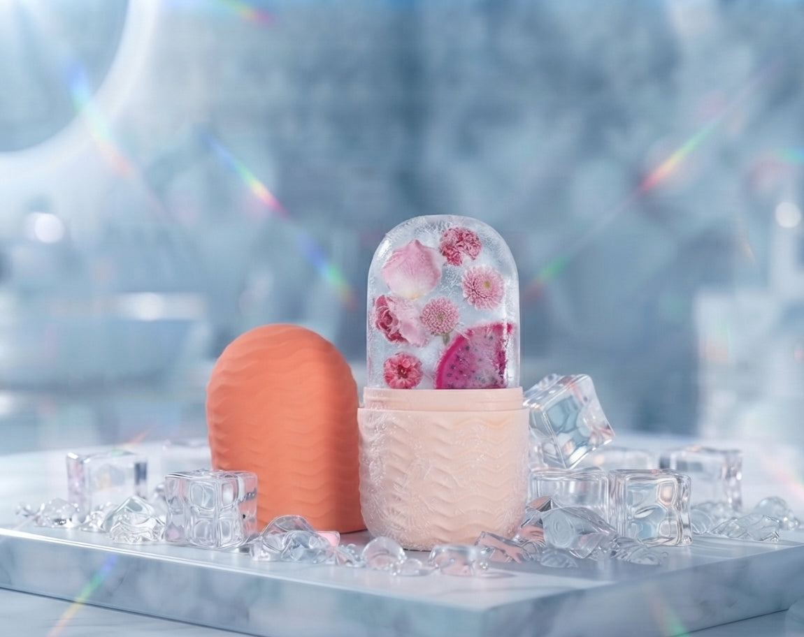 LuxeIce Facial Ice Roller in purple, close-up product shot on ice cubes