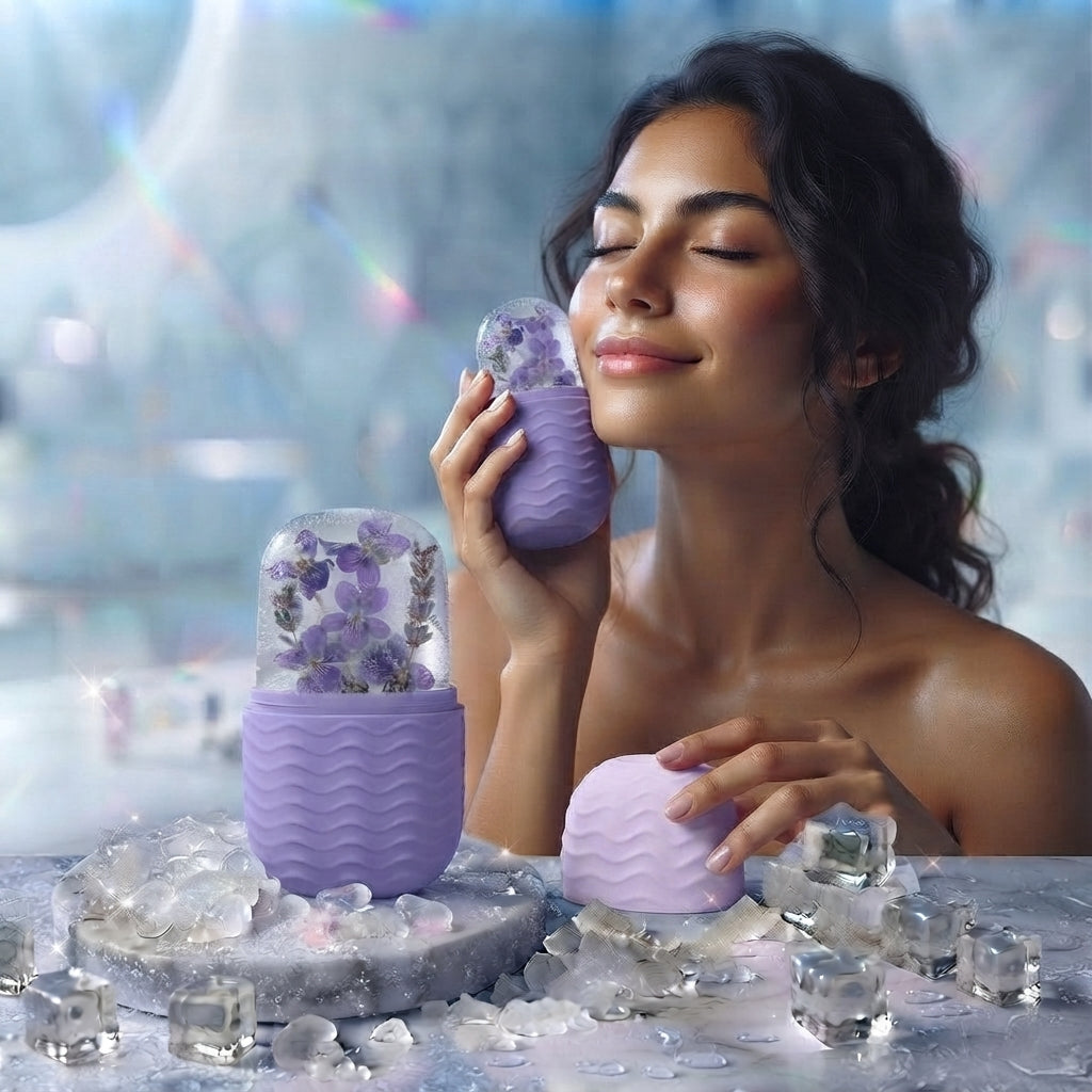 LuxeIce Facial Ice Roller — Cool & Glow, pink and purple silicone facial ice roller
